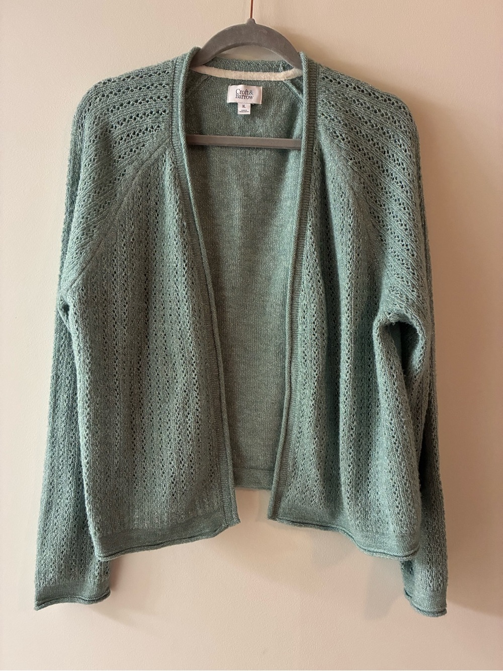 Croft & Barrow Open-Front Knit Cardigan in Sage & Silver stitching